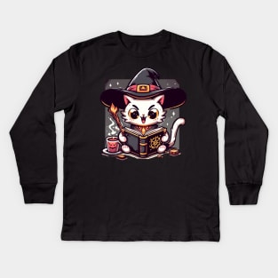 Kawaii witchy cat read evil spellbook Kids Long Sleeve T-Shirt